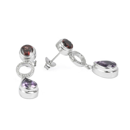 amethyst stud earrings 925 with genuine red garnet and micro setting crystal