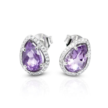 Teardrop Amethyst Earrings Studs 6*9 mm bezel set in 925 stud earrings push back closure with genuine white crystal
