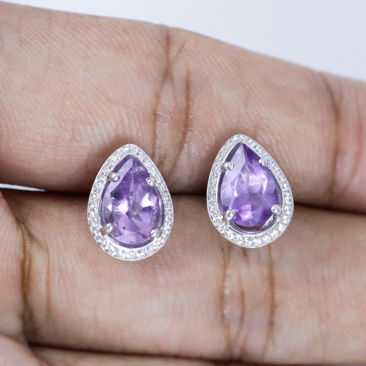 Teardrop Amethyst Earrings Studs 6*9 mm bezel set in 925 stud earrings push back closure with genuine white crystal