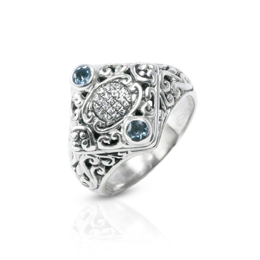 square ring 925 sterling silver with genuine blue topaz decorated with filigree ornament and white topaz