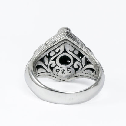 square ring 925 sterling silver with genuine blue topaz decorated with filigree ornament and white topaz