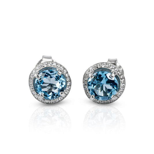 Blue Topaz Stud earrings set in 925 sterling silver decorated with white topaz