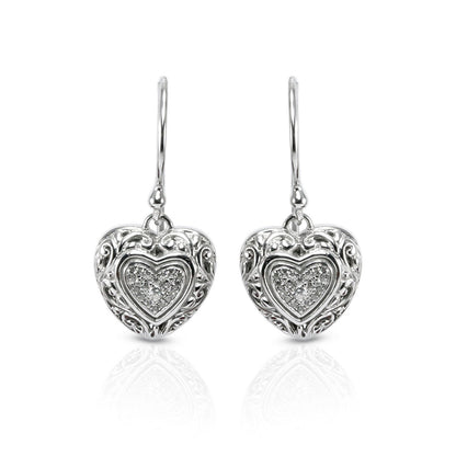 Heart shape earrings dangle drop 925 sterling silver with white topaz, open work filigree earrings