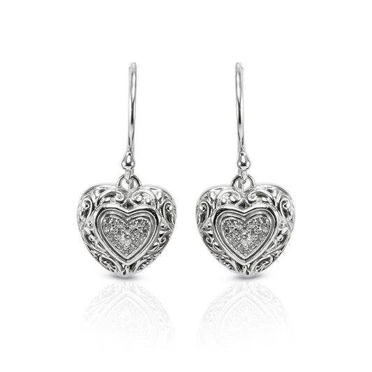 Heart shape earrings dangle drop 925 sterling silver with white topaz, open work filigree earrings