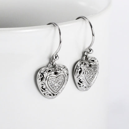 Heart shape earrings dangle drop 925 sterling silver with white topaz, open work filigree earrings