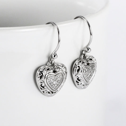 Heart shape earrings dangle drop 925 sterling silver with white topaz, open work filigree earrings