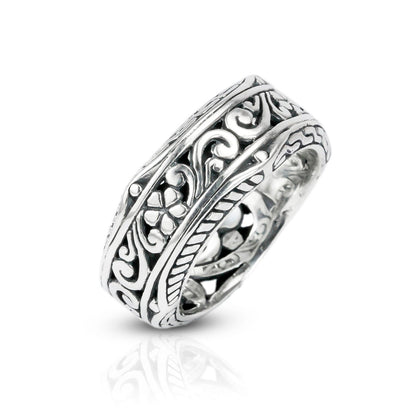 Eternity wide band ring 925 sterling silver decorated with filigree ornament full side carving