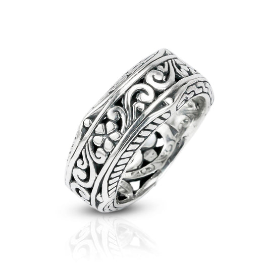 Eternity wide band ring 925 sterling silver decorated with filigree ornament full side carving