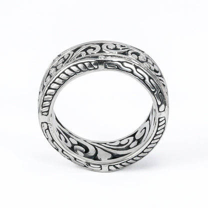 Eternity wide band ring 925 sterling silver decorated with filigree ornament full side carving