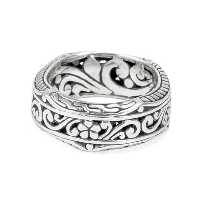 Eternity wide band ring 925 sterling silver decorated with filigree ornament full side carving