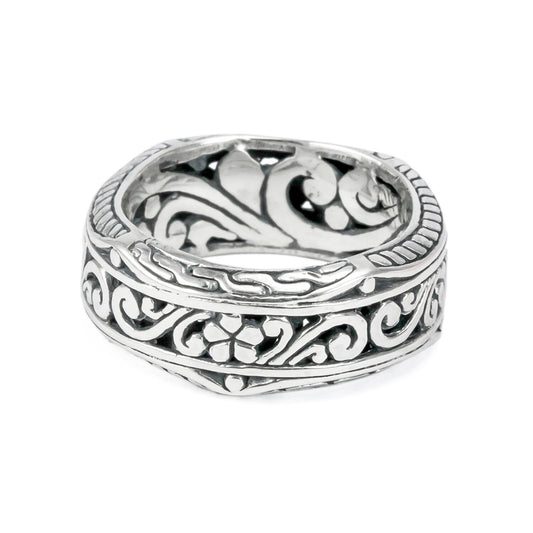 Eternity wide band ring 925 sterling silver decorated with filigree ornament full side carving