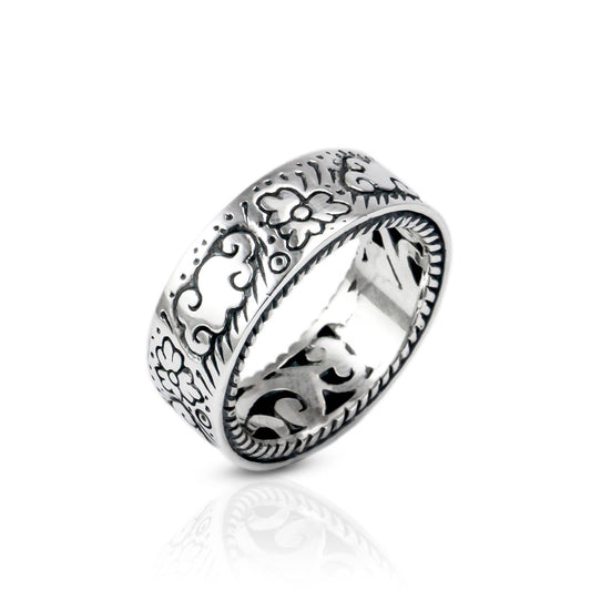 Eternity wide band ring unisex 925 sterling silver decorated with filigree ornament full side carving