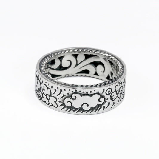 Eternity wide band ring unisex 925 sterling silver decorated with filigree ornament full side carving