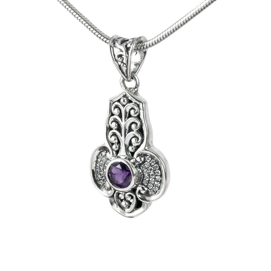 amethyst pendant 925 sterling silver decorated with filigree art and white topaz pave