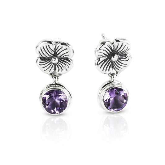 flower earrings studs dangle with genuine round 7 mm Amethyst
