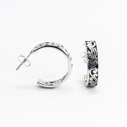Earrings Hoop 925 sterling silver decorated with Swirl Filigree art and push back closure for women