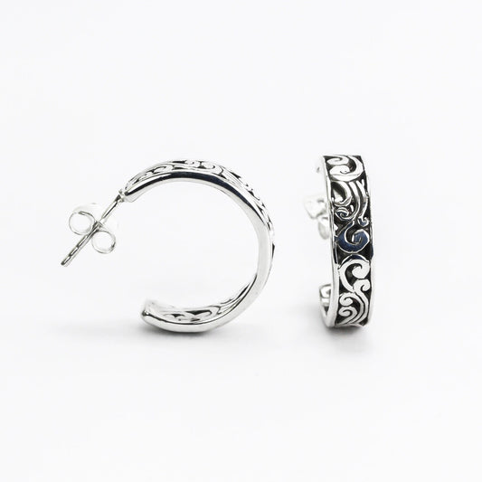Earrings Hoop 925 sterling silver decorated with Swirl Filigree art and push back closure for women