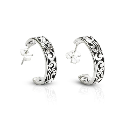 Earrings Hoop 925 sterling silver decorated with Swirl Filigree art and push back closure for women
