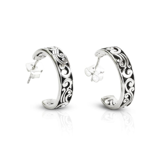 Earrings Hoop 925 sterling silver decorated with Swirl Filigree art and push back closure for women