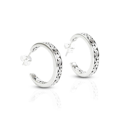 Hoop Earrings 925 sterling silver decorated with Swirl Filigree art and push back closure for women