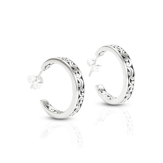 Hoop Earrings 925 sterling silver decorated with Swirl Filigree art and push back closure for women