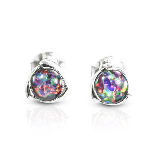 multi color fire opal earrings stud 6 mm round set in handmade 925 sterling silver