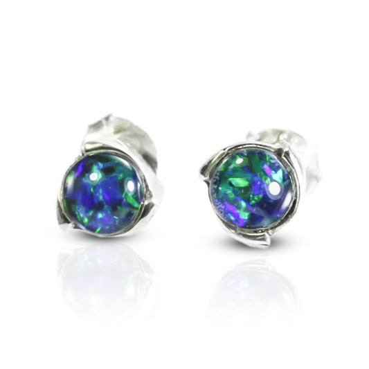 multi color fire opal earrings stud 6 mm round set in handmade 925 sterling silver