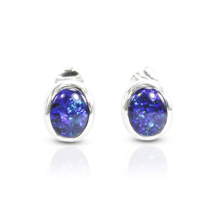 blue fire opal stud earrings set in 925 sterling silver 9*10 mm oval shape