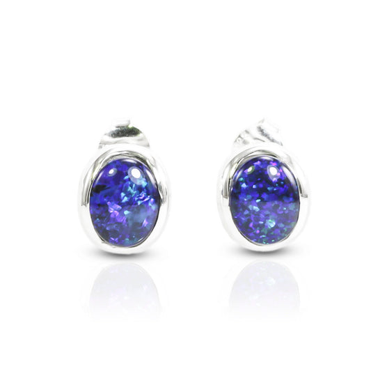 blue fire opal stud earrings set in 925 sterling silver 9*10 mm oval shape