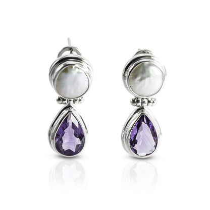 amethyst earrings stud 925 sterling silver with genuine baroque pearl omega closure