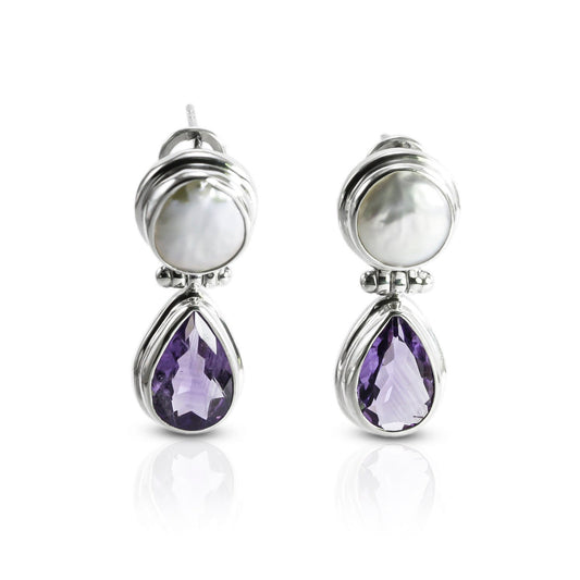amethyst earrings stud 925 sterling silver with genuine baroque pearl omega closure