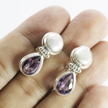 amethyst earrings stud 925 sterling silver with genuine baroque pearl omega closure