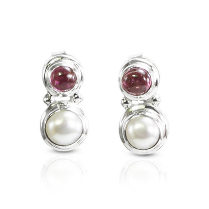 freshwater pearl earrings stud set in 925 sterling silver with genuine pink tourmaline