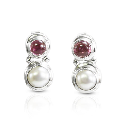freshwater pearl earrings stud set in 925 sterling silver with genuine pink tourmaline