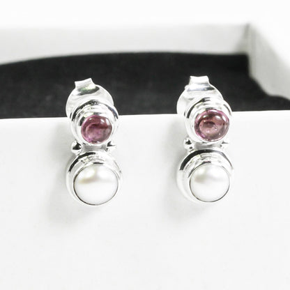 freshwater pearl earrings stud set in 925 sterling silver with genuine pink tourmaline