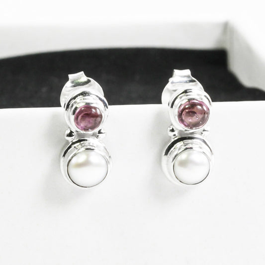 freshwater pearl earrings stud set in 925 sterling silver with genuine pink tourmaline
