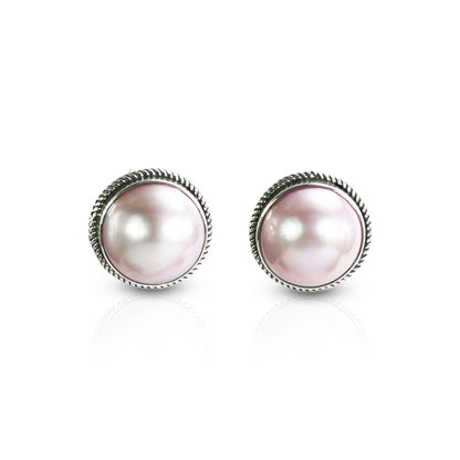 Pink mabe pearl stud earrings set in 925 sterling silver decorated with woven chain edge