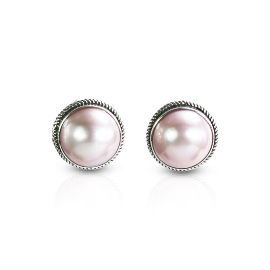 Pink mabe pearl stud earrings set in 925 sterling silver decorated with woven chain edge
