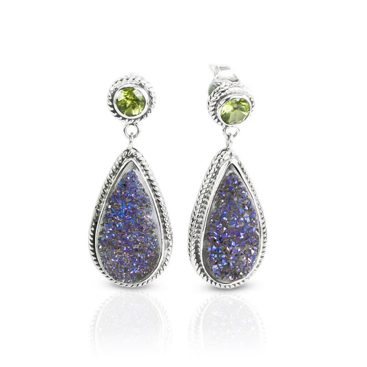 Druzy stud earrings set in 925 sterling silver with genuine peridot, peridot studs earrings dangle