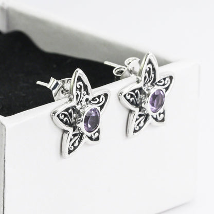 silver flower earrings studs with genuine round 6 mm Amethyst decorated with 925 sterling silver handmade filigree
