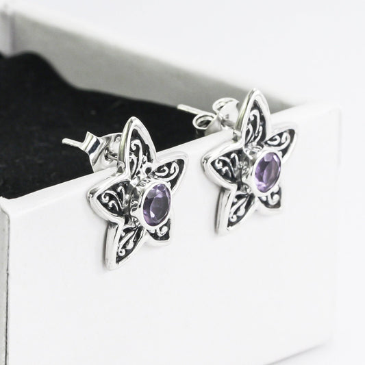 silver flower earrings studs with genuine round 6 mm Amethyst decorated with 925 sterling silver handmade filigree