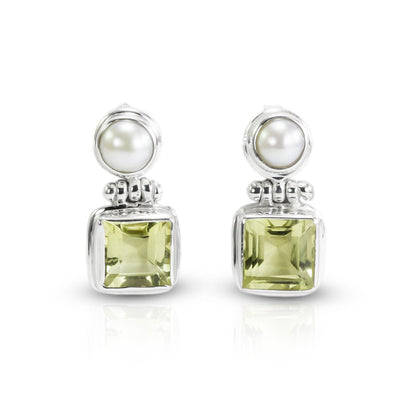 Lemon Quartz Earrings Stud with genuine freshwater pearl set in 925 sterling silver double bezel push back closure