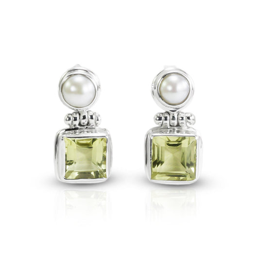 Lemon Quartz Earrings Stud with genuine freshwater pearl set in 925 sterling silver double bezel push back closure