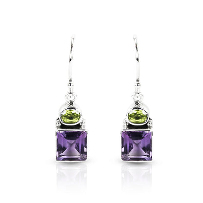 Amethyst earrings with peridot 925 sterling silver dangle drop, two stone earrings