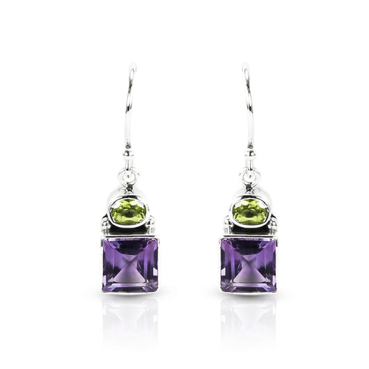 Amethyst earrings with peridot 925 sterling silver dangle drop, two stone earrings