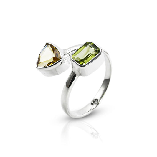 bypass ring with genuine stone set in 925 sterling silver, adjustable promise ring