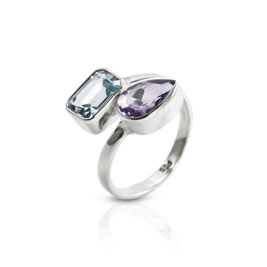 bypass ring with genuine stone set in 925 sterling silver, adjustable promise ring