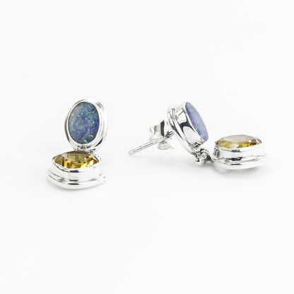 Australian Opal Earrings Studs 925 sterling silver Dangle with Premium yellow Citrine double bezel set and push back closure