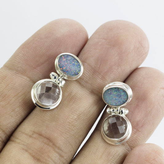 Opal Stud Earrings 925 sterling silver with Natural Crystal Clear double bezel set dangle drop