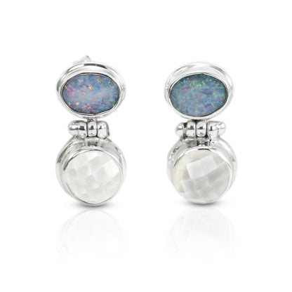 Opal Stud Earrings 925 sterling silver with Natural Crystal Clear double bezel set dangle drop